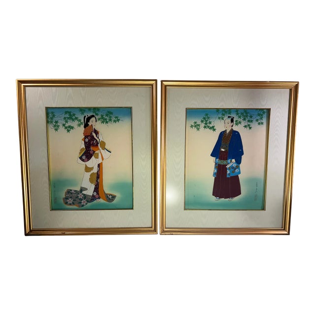 Mid-Century Japanese Silk Paintings by Ishikawa Kiyohiko - Framed - A Pair For Sale