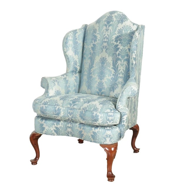 Store Item: Southwood Philadelphia Queen Anne Style Mahogany Wing Blue Damask Fabric Description: Chair feature a high...