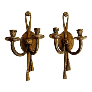 Pair of Vintage 1960s French Style Brass Candle Sconces With Rope and Tassels For Sale