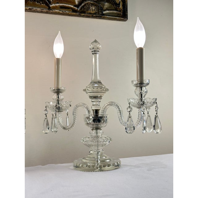 French Vintage Crystal Girandole Table Lamps Pair – French Regency Candelabra Lamps – 1930s Czechoslovakia For Sale - Image 3 of 16