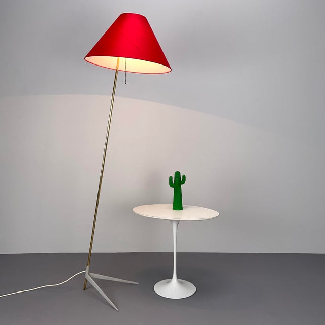 Mid-Century Modern Floor Lamp with Crows Foot and Red Silk Lampshade, 1950s For Sale - Image 3 of 9