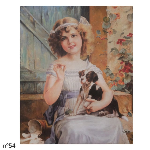 Oil on canvas depicting a seated young girl holding a small dog. The figure is shown in an interior setting beside a...