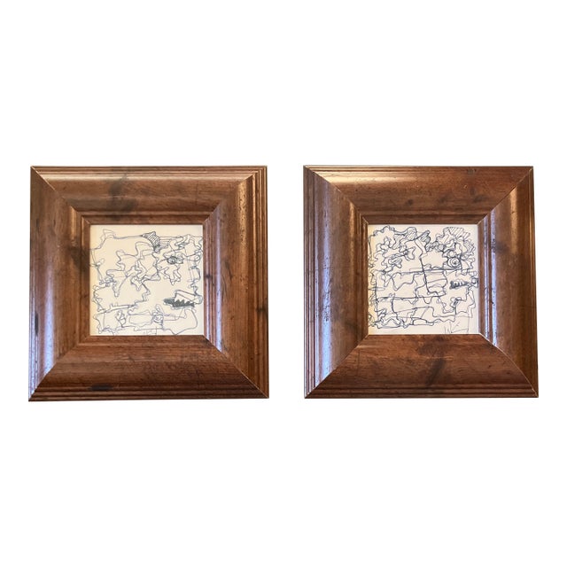 1980’s 2 Original Wayne Cunningham Abstract Blue Ink Drawings Wood Frames-A Pair For Sale