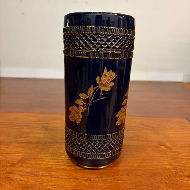 Mid 20th Century Vintage Italian Cobalt Blue and Gold Ceramic Vase For Sale - Image 5 of 9