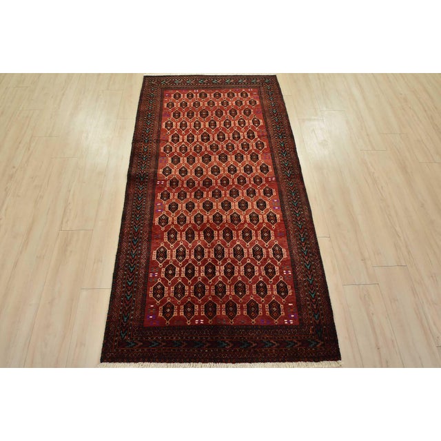 Cabin Baloch Rug 3’6” X 6’10” Red Wool Vintage Tribal Hand-Knotted Oriental Carpet For Sale - Image 3 of 12