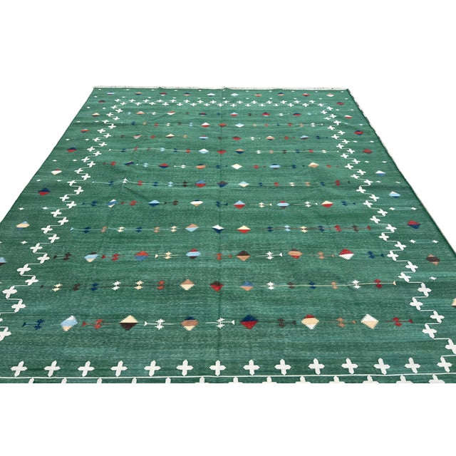 Handmade Cotton Area Rug, Vegetable Dyed, Forest Green Shooting Star Dhurrie -9'x12' For Sale - Image 11 of 14