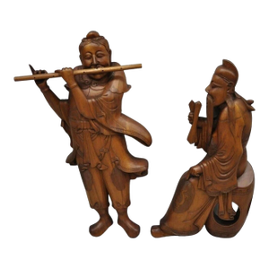 Vintage Ricardo Lynn Carved Teak Wood Oriental Figures Flute Player Wiseman Pair