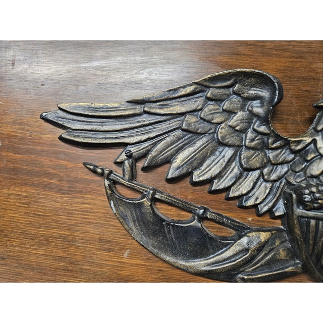 Metal Antique Cast Iron American Eagle With Flag & Crest on Wooden Wall Mount For Sale - Image 7 of 7