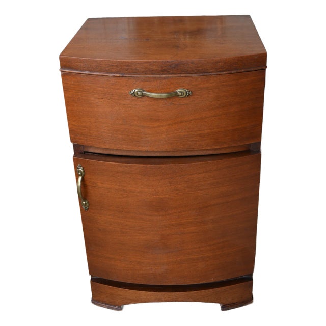 1950s Vintage Mid Century Curved Front Wooden Nightstand W/ Cupboard & Drawer Brass Hardware For Sale