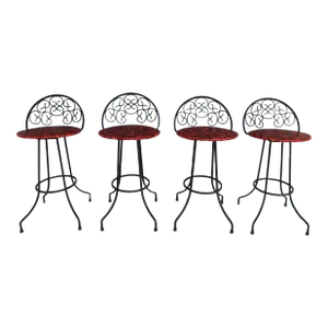 Vintage Mid-Century Wrought Iron Bar Stools Attributed to Authur Umanuff - Set of 4