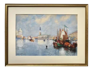 Original Antique Watercolor Painting of Venice Grand Canal by Walter Lenhart .