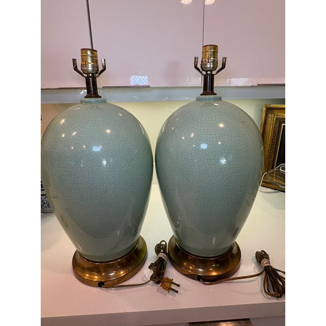 Metal Vintage Crackle Celadon Porcelain Lamps With Brass Base & Silk Shades – A Pair For Sale - Image 7 of 16