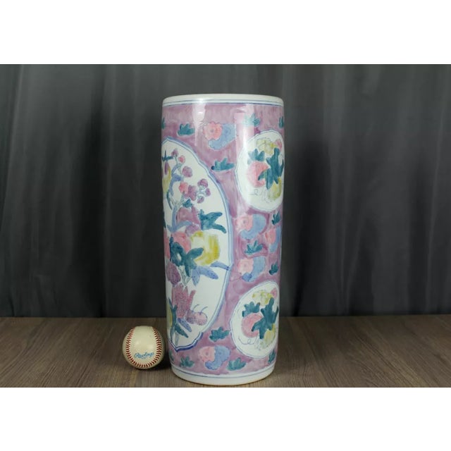 Late 20th Century Chinese Porcelain Hand Painted Floral Umbrella Stand For Sale - Image 4 of 12
