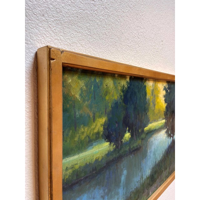Contemporary Green and Gold by Seth Winegar | Oil on Board Landscape with Trees and Water Reflection For Sale - Image 3 of 4