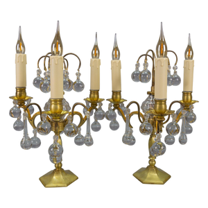 Early 20th Century French Brass and Crystal Girandoles Table Lamps, Set of 2