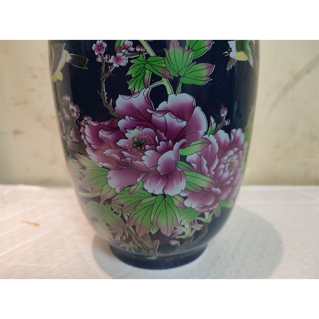 Chinese Old Ceramic Vase,Qianlong Marked Blue Ground Famille Rose Porcelain Vase Hand Drawing Flowers and Birds Pattern For Sale - Image 11 of 12
