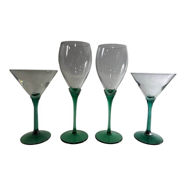 1970’s Vintage Green Stemmed Glasses, 2 Wine and 2 Martini Glasses - Set of 4 For Sale