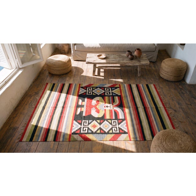 Red 1940s Multicolor Figure Striped Zapotec Antique Mexican Knotted Rug 4' 5"x 6' 2" Wool Carpet For Sale - Image 8 of 9