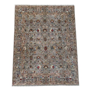 Chobi Area Rug, Hand-Knotted Wool, Allover Floral, 9x12, Silver & Camel For Sale