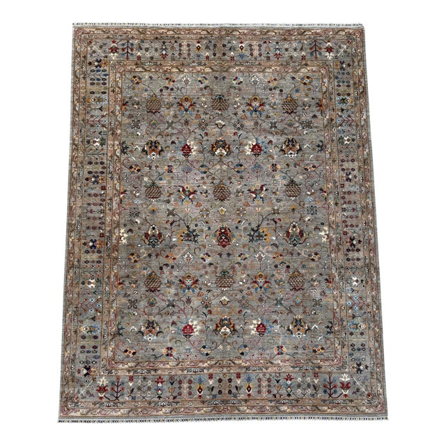 Chobi Area Rug, Hand-Knotted Wool, Allover Floral, 9x12, Silver & Camel For Sale