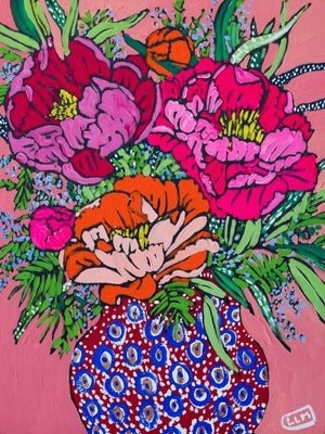 Peony Bouquet in Folk Art Vase on Pink Fauvist Painting