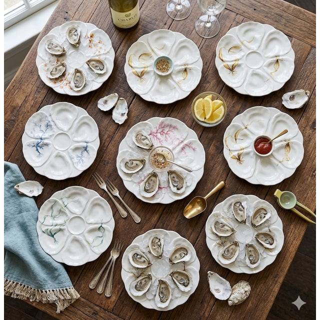 An extraordinary, decorator-grade complete set of eight (8) late 19th-century French fine porcelain oyster plates,...