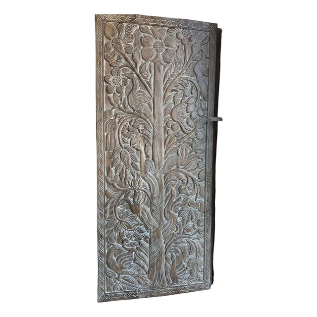 Vintage Tree of Life Carved Barn Door Panel in Reclaimed Wood | Handcrafted Nature-Inspired 84x36 For Sale
