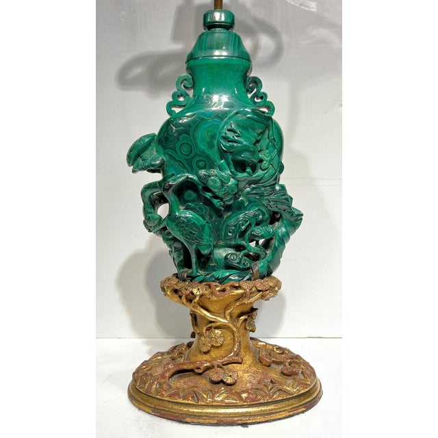 Antique Chinese Hand-Carved Malachite Table Lamp For Sale - Image 4 of 7