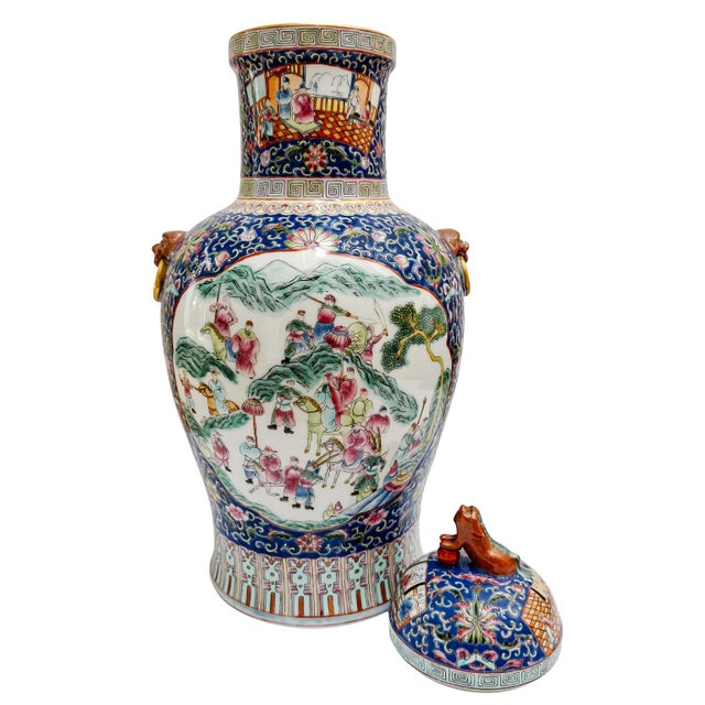 Ceramic Mid 20th Century Monumental 21" Chinese Famille Rose Medallion Porcelain Palace Jars With Foo Dog Lids For Sale - Image 7 of 14