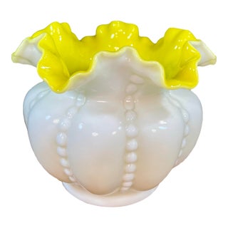 Fenton Yellow Overlay 5” Double Crimped Art Glass Vase For Sale