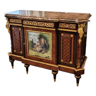 French Louis XVI Style Sideboard – Heavy Wood, Marble Top, Gilded Bronze & Central Scenic Panel For Sale