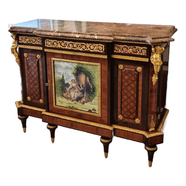 French Louis XVI Style Sideboard – Heavy Wood, Marble Top, Gilded Bronze & Central Scenic Panel For Sale