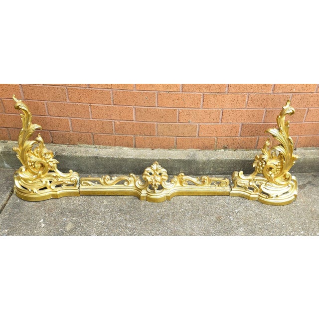 Metal Louis XV Style Gilt Brass 3-Part Fire Fender, Tool Stand With Three Tools Set For Sale - Image 7 of 11