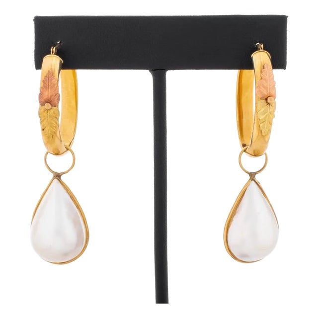 12k Tri-Color Gold Hoop Earrings With 14k Pearl Drops For Sale