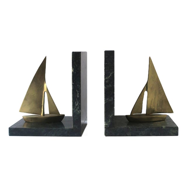 Dark Green Marble Brass Sailboat Nautical Bookends, Pair For Sale