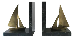 Dark Green Marble Brass Sailboat Nautical Bookends, Pair