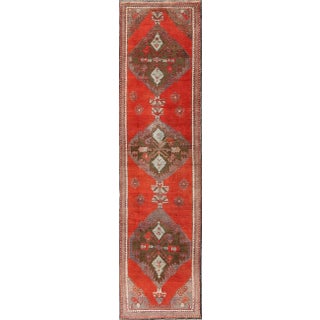 Vintage Turkish Oushak Runner in Burnt Orange, Moss Green, and Pale Blue 3' X 11'10 For Sale