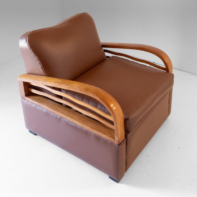 Art Déco Italian Convertible Armchair / Sleeper Chair in Brown Eco-Leather, 1920s. For Sale - Image 13 of 18