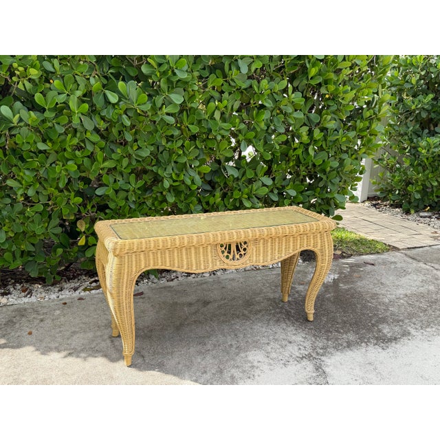 Contemporary Vintage Sculptural Rattan Console Table With Glass Top For Sale - Image 3 of 13