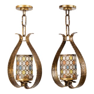 1950s Spanish Gilt Wrought Iron Lantern Pendants – Neoclassical Mid-Century Modern Ceiling Lights, Pair For Sale
