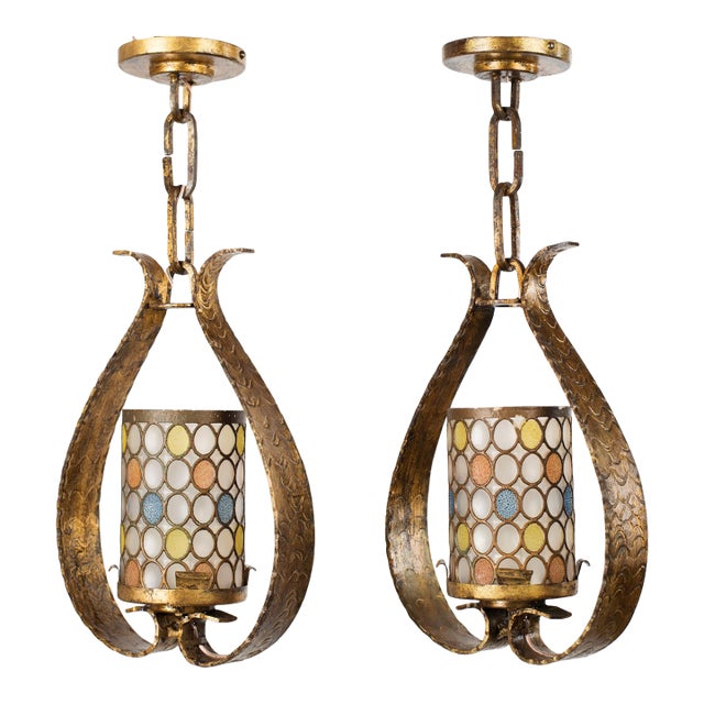 1950s Spanish Gilt Wrought Iron Lantern Pendants – Neoclassical Mid-Century Modern Ceiling Lights, Pair For Sale