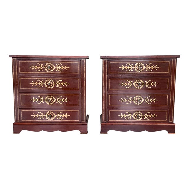 Late 19th Century Pair of Catalan, Spanish Nightstands with Drawers & Low Open Shelf For Sale