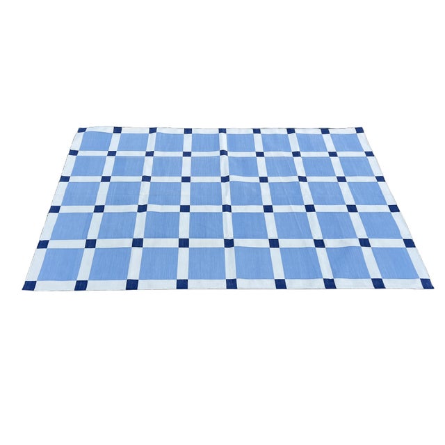Not Yet Made - Made To Order Handmade Cotton Vegetable Dyed Rug, Sky Blue and White Tile Geometric Dhurrie-6'x9' For Sale - Image 5 of 18