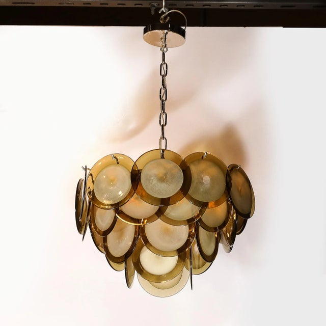 Modernist Four Tier Smoked Topaz Disc Murano Glass Chandelier W/ Chrome Fittings For Sale - Image 11 of 12