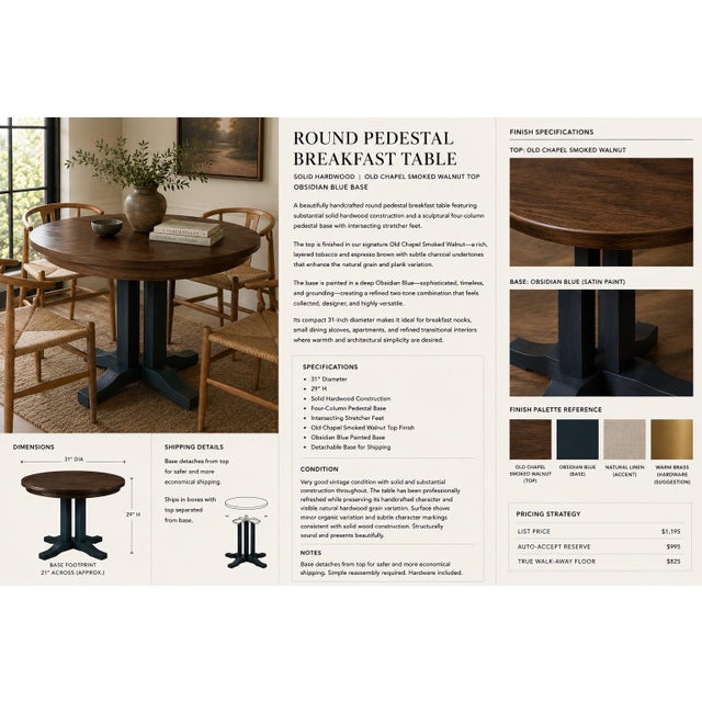 A beautifully scaled solid maple pedestal breakfast table refinished in our signature Old Chapel Smoked Walnut and...