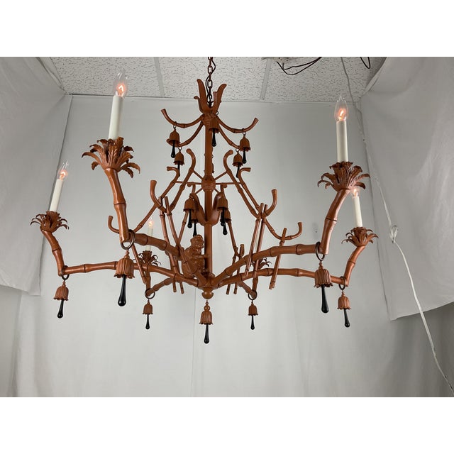 1960s Whimsical Chinoiserie Faux Bamboo Monkey Chandelier With Black Teardrop Accents For Sale - Image 11 of 16
