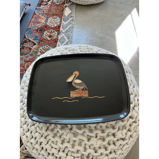 The Couroc Company Mid 20th Couroc of Monterey Resin Tray With Stained Wood, and Brass Inlaid Pelican For Sale - Image 4 of 9