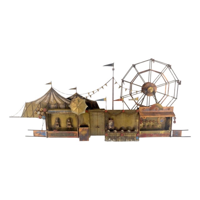 Signed Curtis Jere Brass Carnival Scene Ferris Wheel Wall Sculpture For Sale