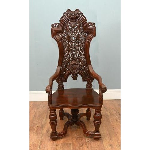 Jacobean Revival Hall Throne Armchairs in Carved Oak, 1890s, Set of 2 For Sale - Image 3 of 9