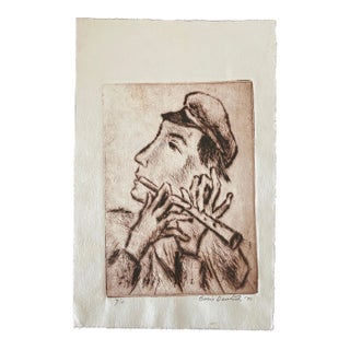 Boris Deutsch, Shtetl Village Doodka Player Modernist Artist Etching, 1970 For Sale